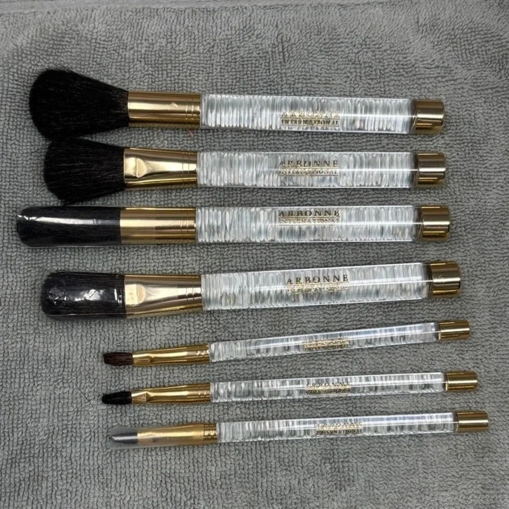 Arbonne International 7 Piece Makeup Brush Set Clear Fluted Acrylic Gold Handles